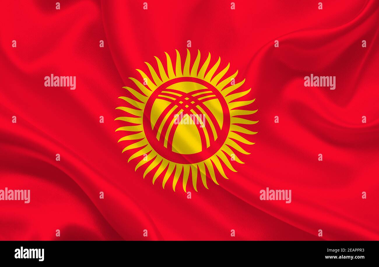 Flag of the country of Kyrgyzstan on a background of wavy silk fabric panorama Stock Photo