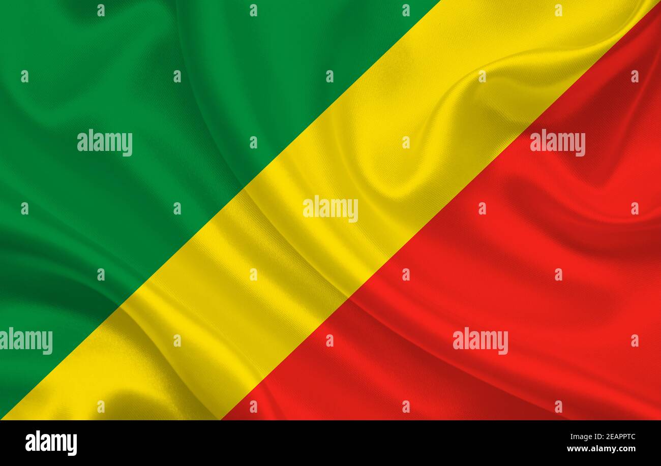 Congo country flag on wavy silk fabric background panorama Stock Photo