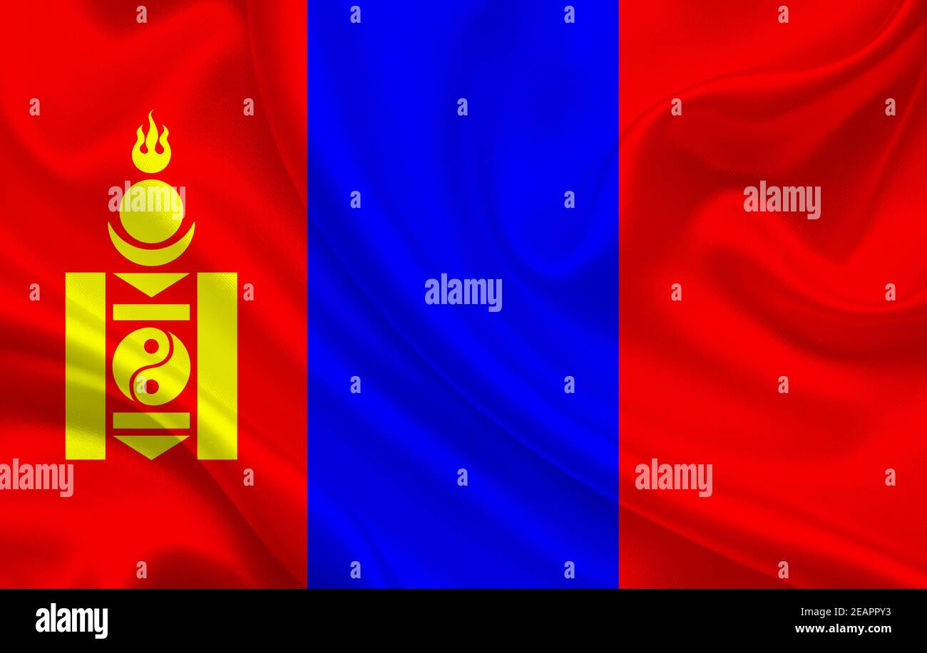 Mongolia country flag on wavy silk fabric background panorama Stock Photo
