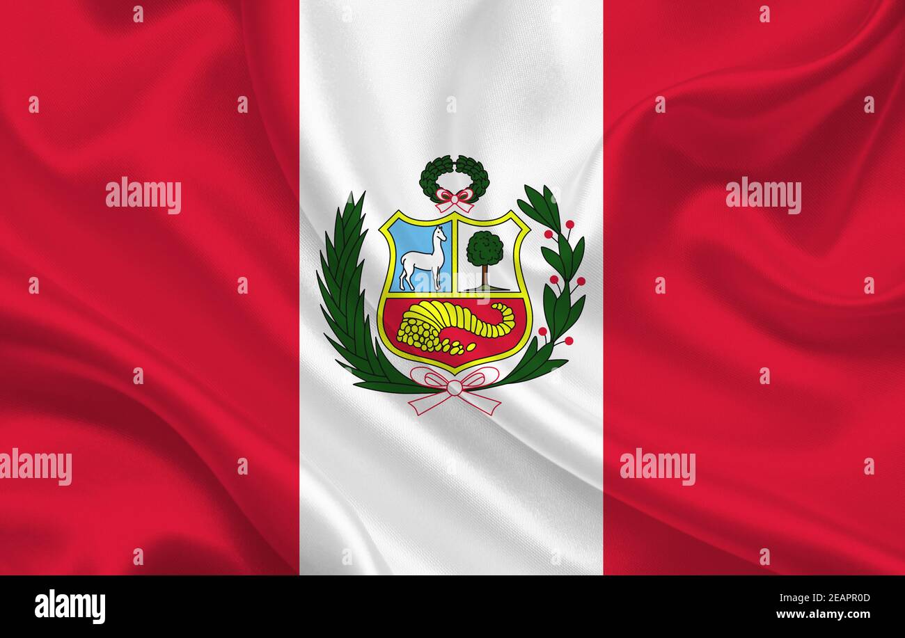 Peru country flag on wavy silk fabric background panorama Stock Photo