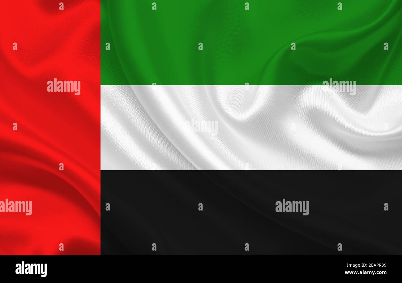 UAE country flag on wavy silk fabric background panorama Stock Photo