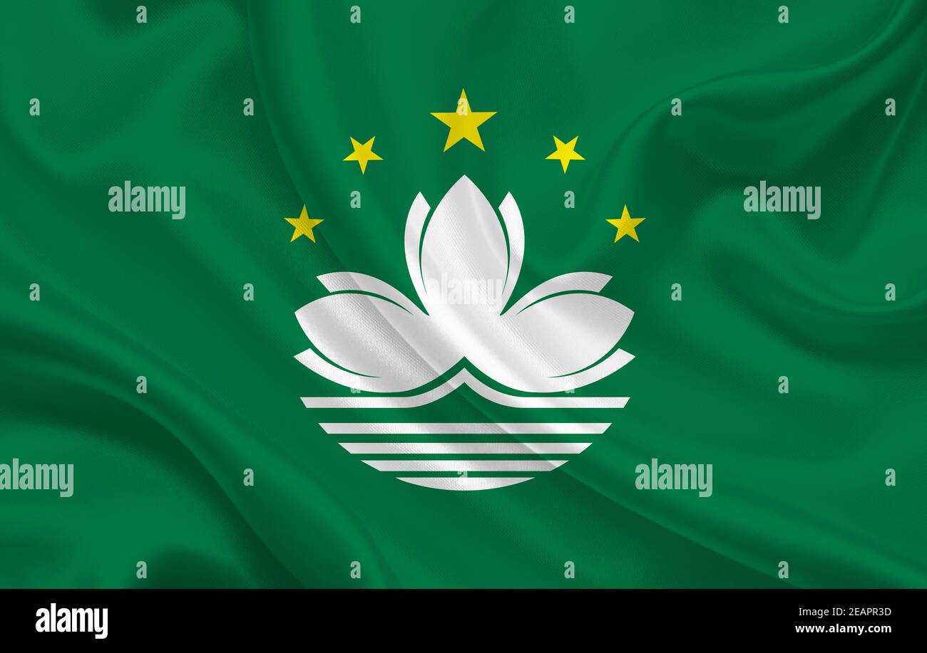Macao country flag on wavy silk fabric background panorama Stock Photo