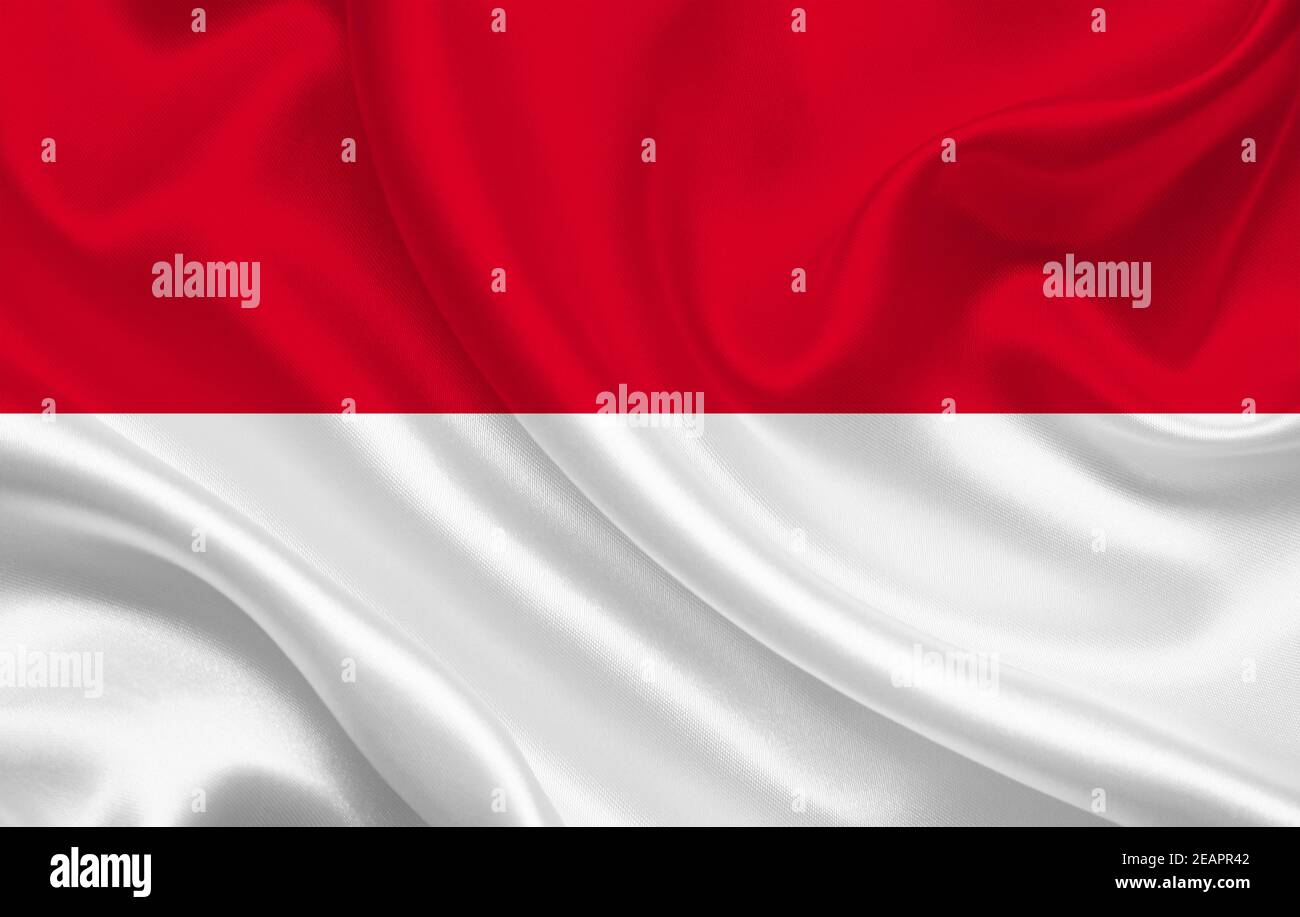 Monaco country flag on wavy silk fabric background panorama Stock Photo