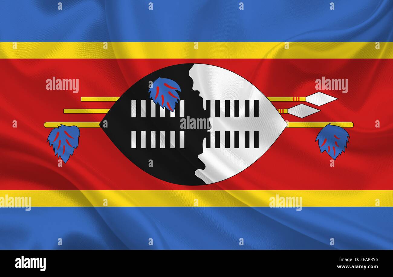 Swaziland country flag on wavy silk fabric background panorama Stock Photo