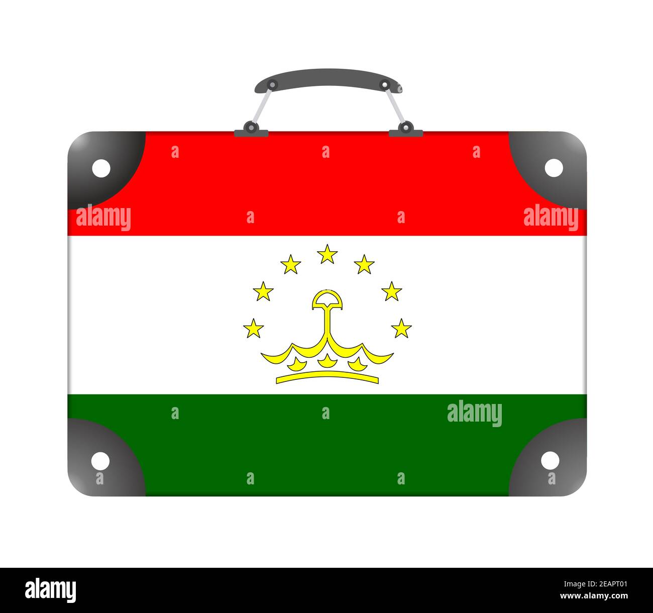 Flag of the country of Tajikistan in the form of a suitcase for travel on a white background Stock Photo