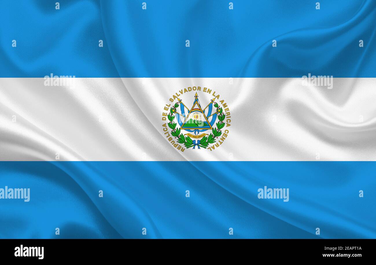 Salvador country flag on wavy silk fabric background panorama Stock Photo