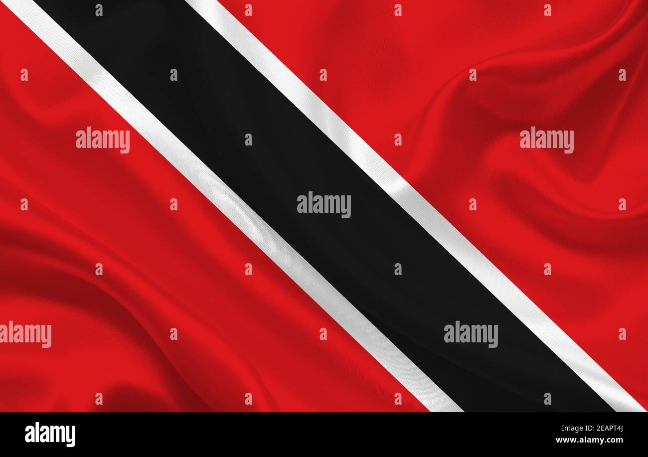 Flag of Trinidad and Tobago country on wavy silk fabric background panorama Stock Photo