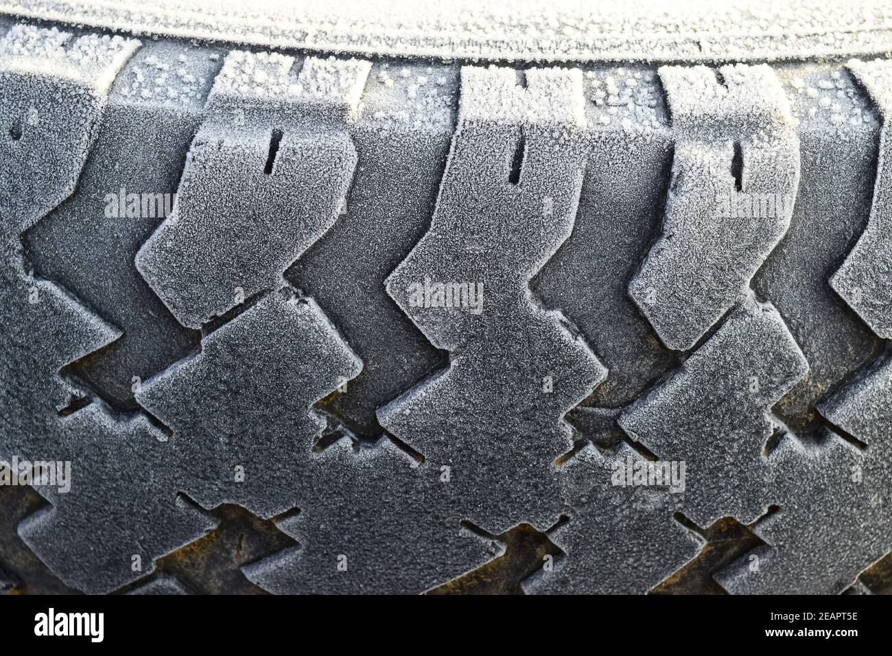 Hoarfrost on a rubber tire wheel Stock Photo