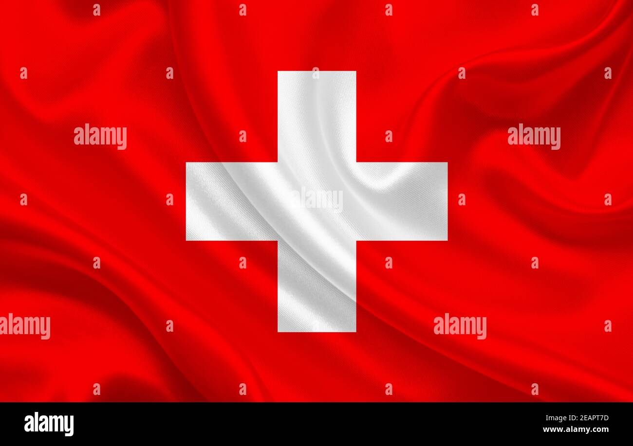 Switzerland country flag on wavy silk fabric background panorama Stock Photo