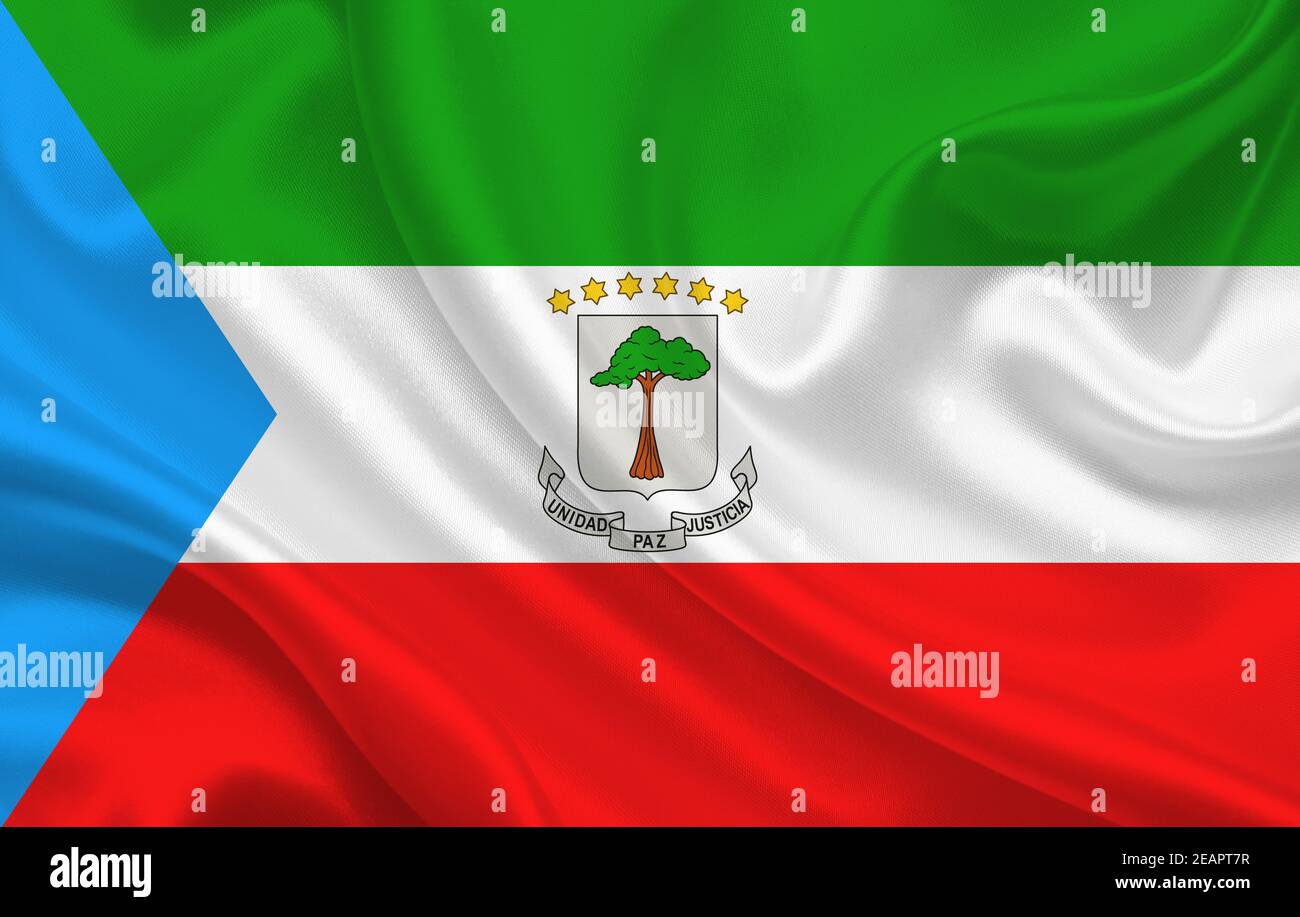 Flag of Equatorial Guinea country on wavy silk fabric background panorama Stock Photo