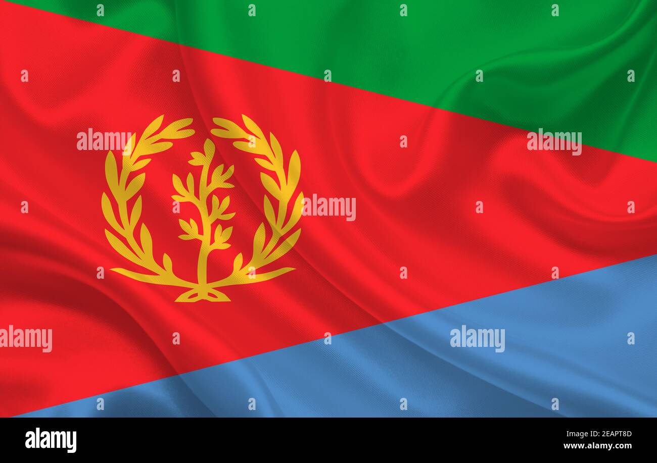 Eritrea country flag on wavy silk fabric background panorama Stock Photo