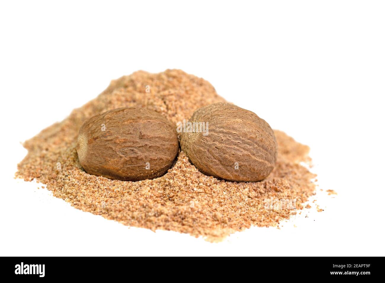Nutmegs and powder isolated against a white background Stock Photo
