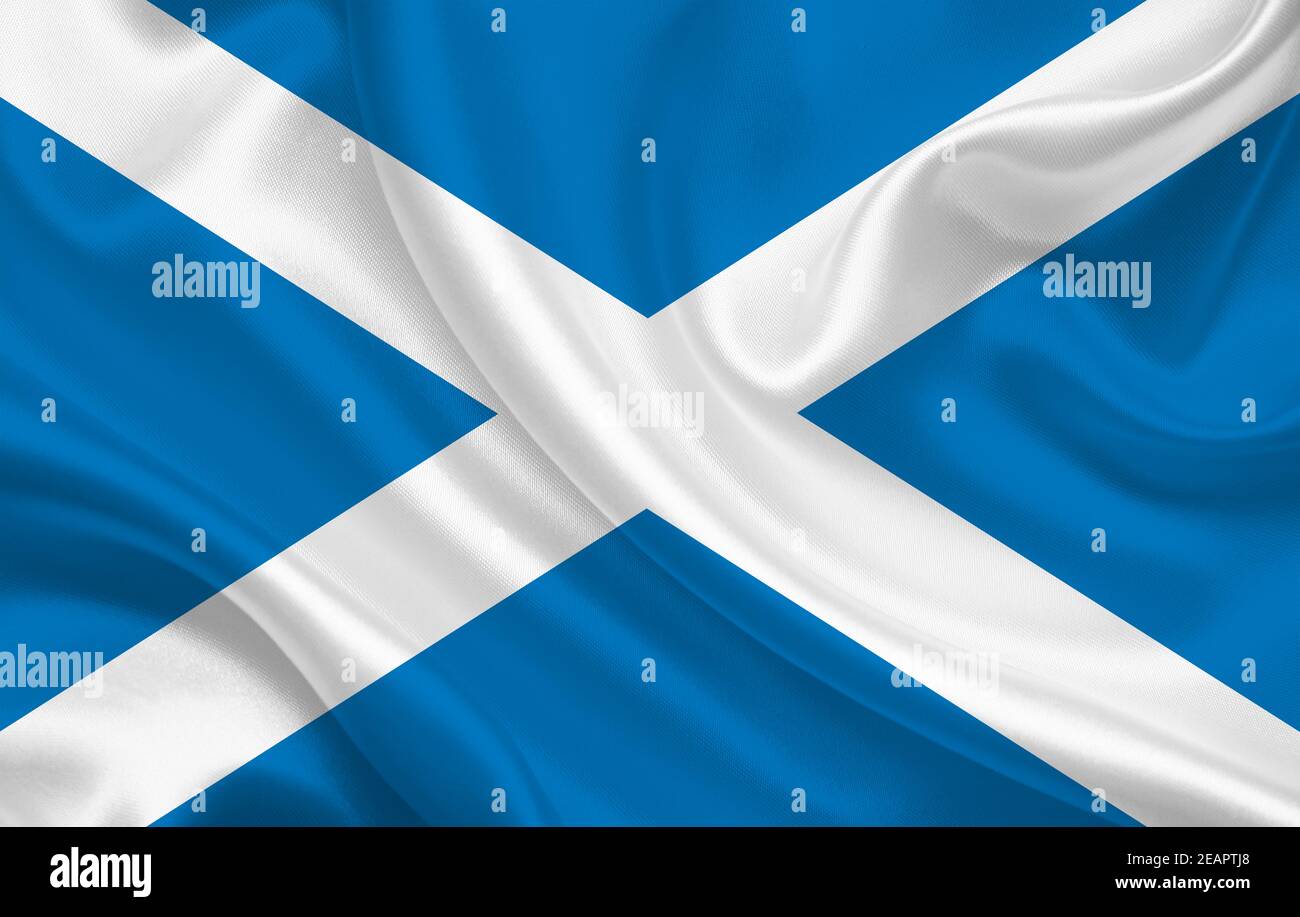 Scotland country flag on wavy silk fabric background panorama Stock Photo