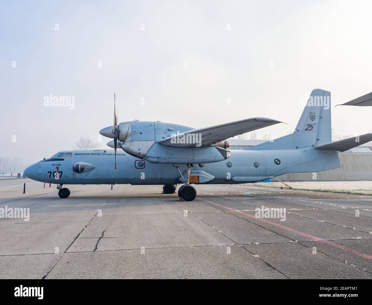 Croatian An-32b aircraft in Pleso Air Base 25 years of HRZ number marking Stock Photo