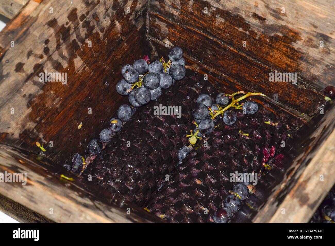 Manual mechanism for crushing grapes. Crush the grapes into juice and wine Stock Photo