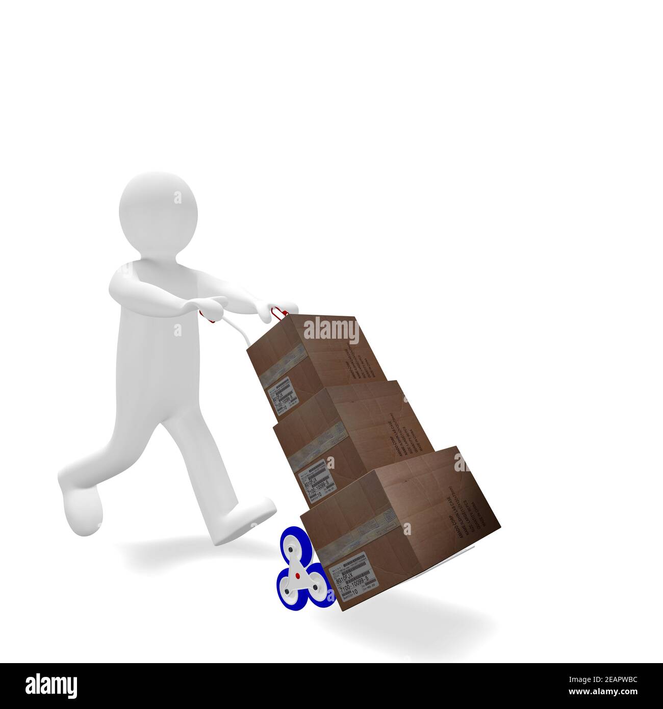 Little man carries a cart with boxes Stock Photo