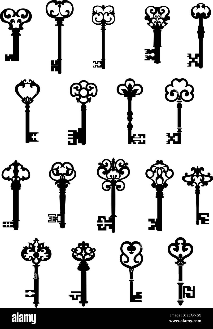Large set of black and white silhouette vector vintage keys with ornate ...