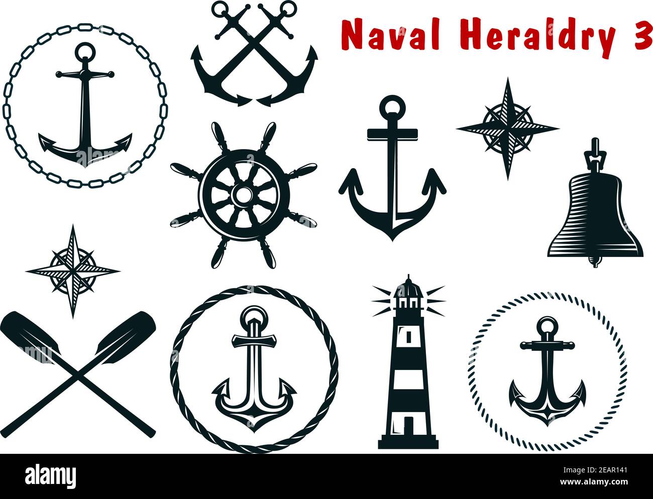 Set of naval heraldry icons with assorted marine anchors crossed oars