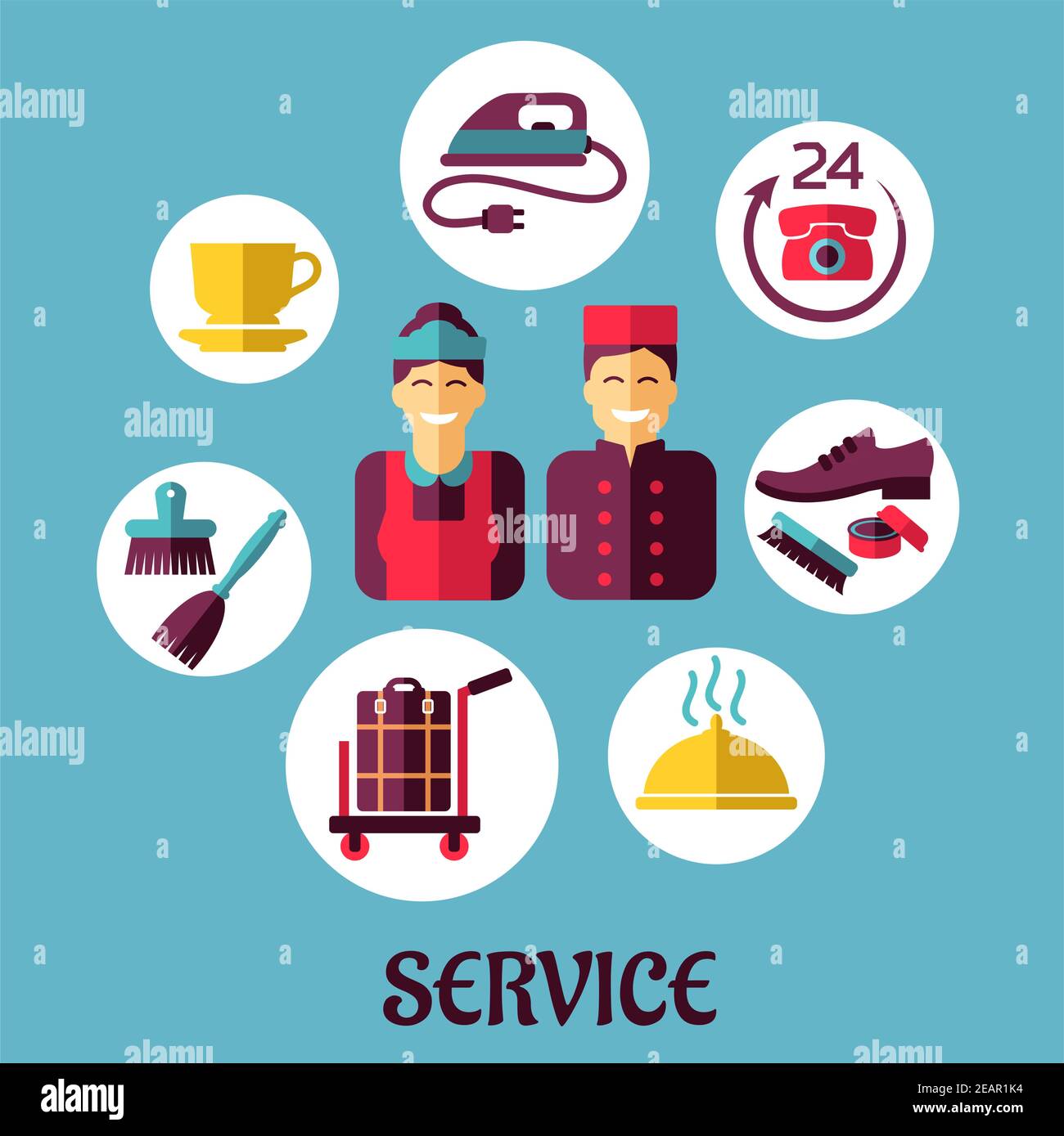 Concept in flat design for hotel services with bell boy, maid and