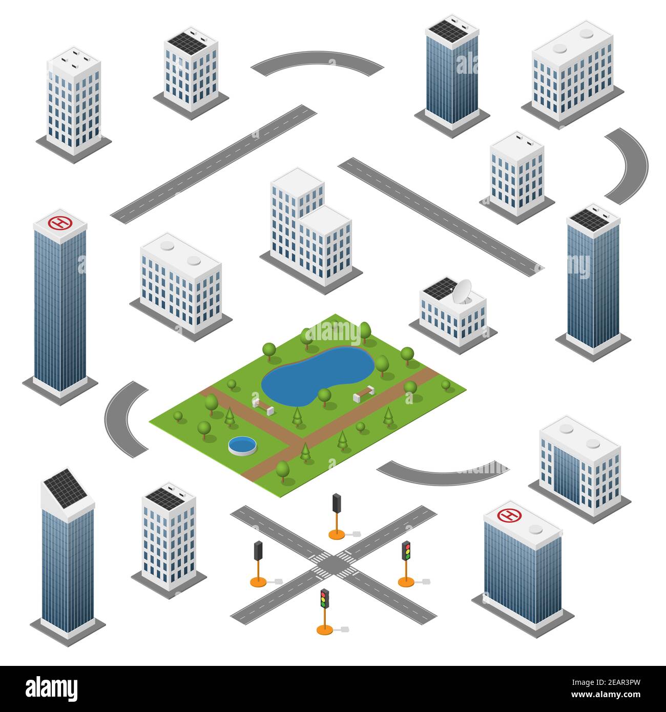 Set of isometric buildings, roads, park and traffic light Stock Vector ...