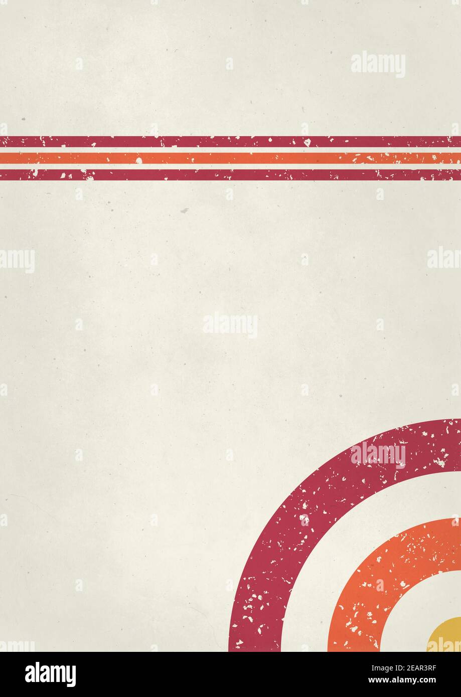A retro 1970's or 1980's dark graphic background design for use as a product, poster or flyer background with orange and red stripes with ringed corne Stock Photo