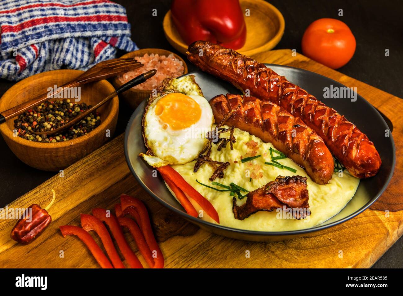 Pork sausages with mashed potato. Bangers and mash pork sausages and