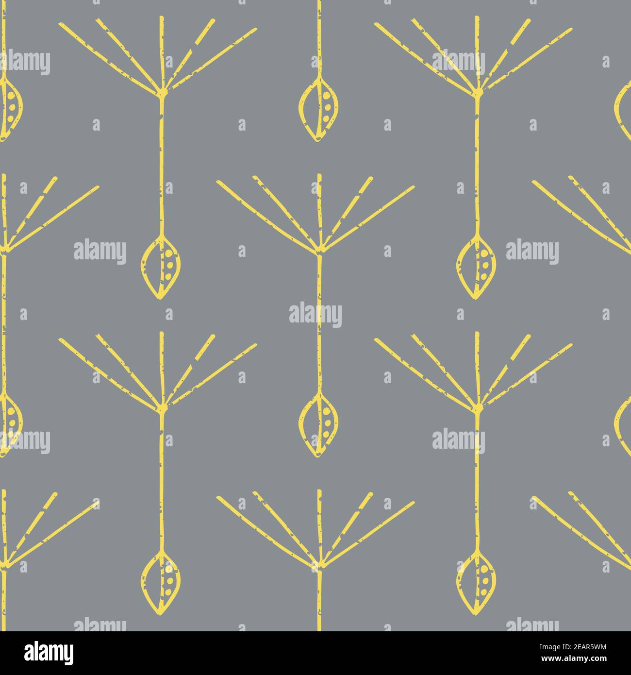 Dandelion seed seamless vector pattern background. Backdrop of abstract of floating herbacious flower seeds yellow grey backdrop. Stylised hand drawn Stock Vector
