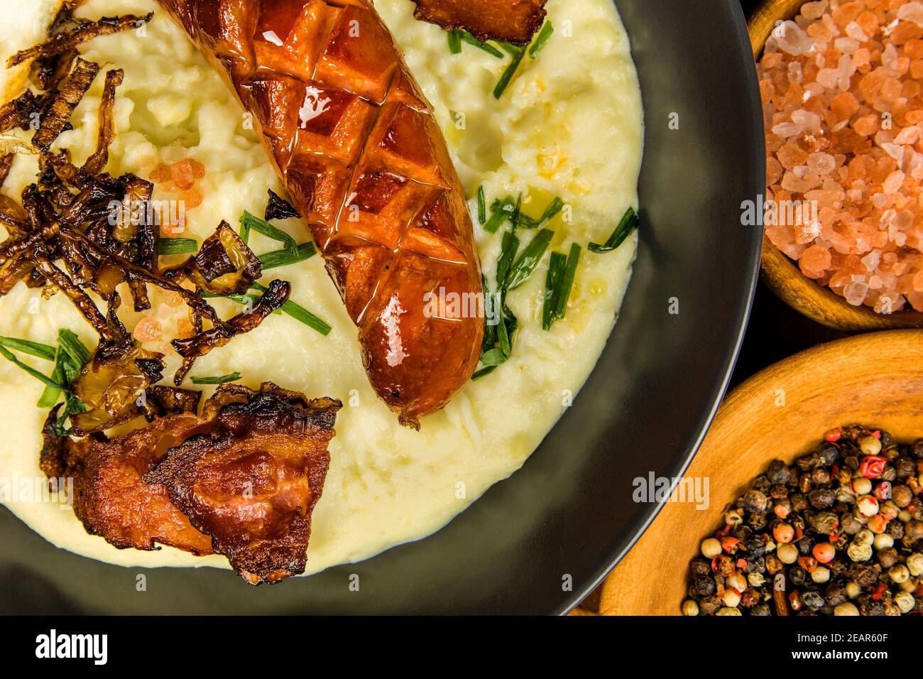 Pork sausages with mashed potato. Bangers and mash pork sausages and