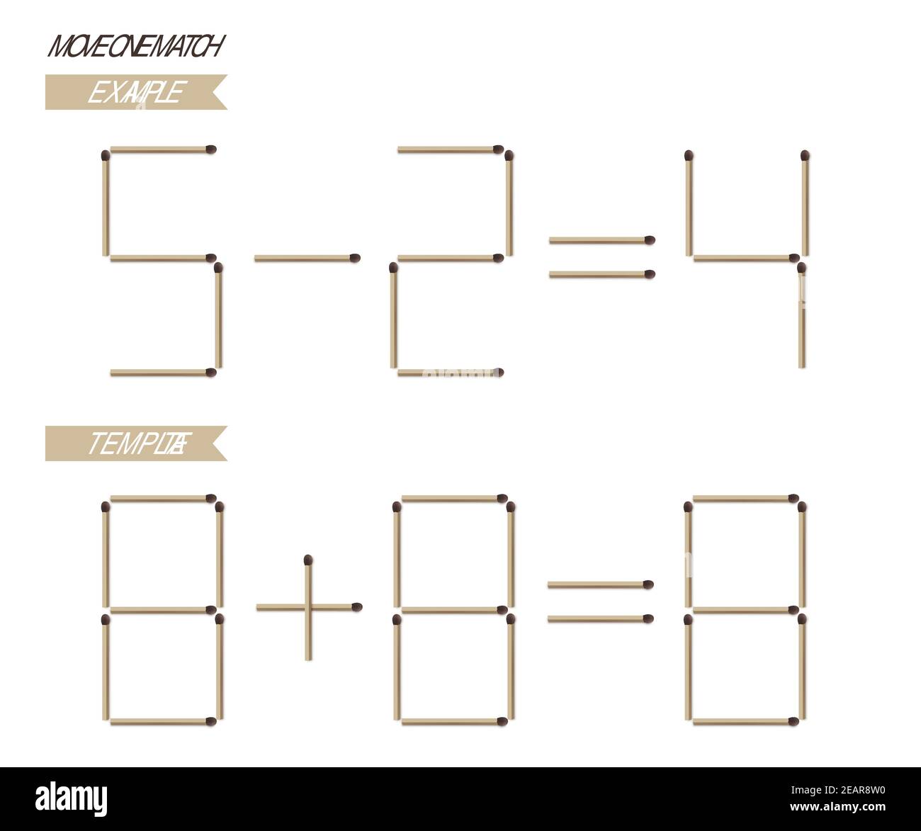 Move onr matchstick game example and template. Math and logic puzzle for  kids vector illustration. Educational exercise with math equation in matches  Stock Vector Image & Art - Alamy