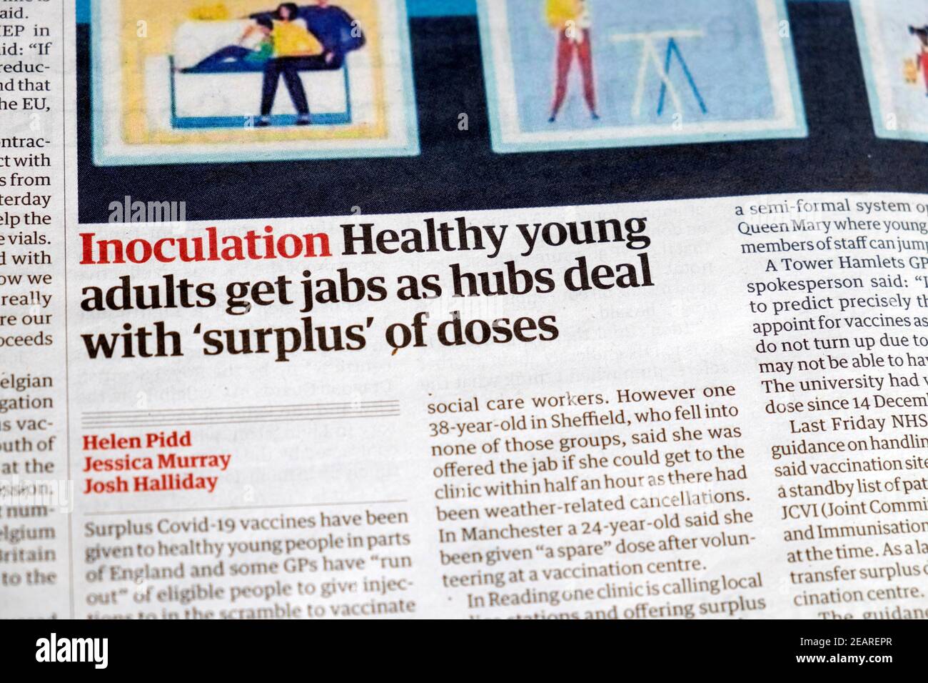 'Inoculation Healthy young adults get jabs as hubs deal with 'surplus' of doses' Guardian newspaper headline article page 29 January 2021 London UK Stock Photo