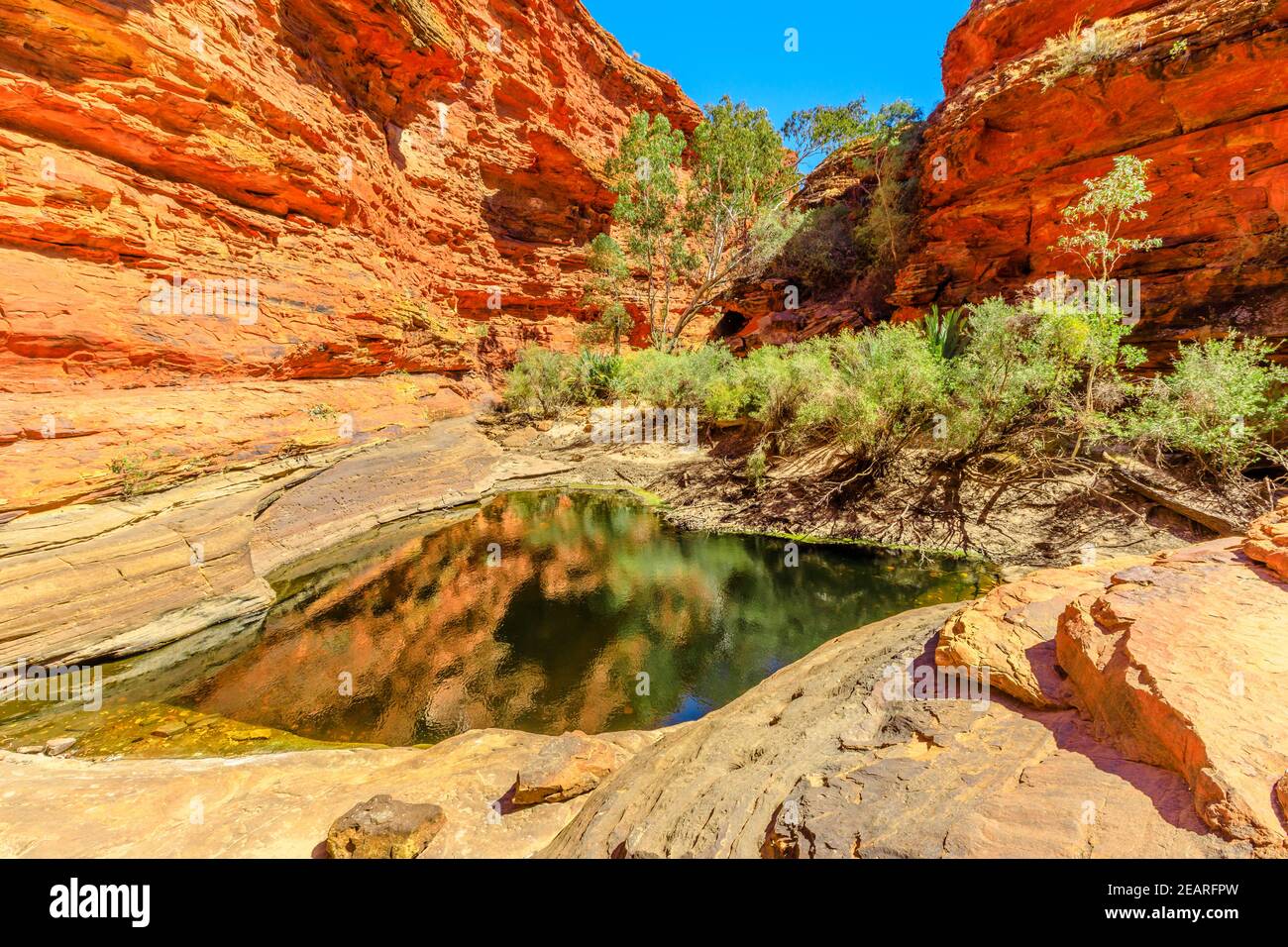 Scenic landscape of waterhole in Garden of Eden, Kings Canyon in Watarrka National Park. Natural pool is a refuge for many plants and animals Stock Photo