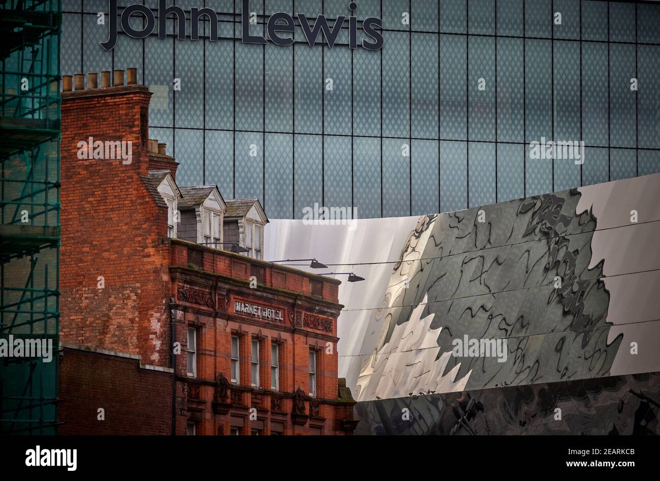 Birmingham John Lewis store and the facia of Market Hotel a purpose built Victorian hotels Stock Photo