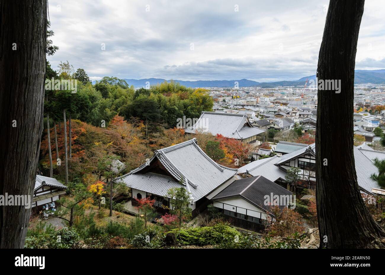 Aerial view of Enkoji temple and Kyoto city during autumn season in Kyoto, Japan Stock Photo