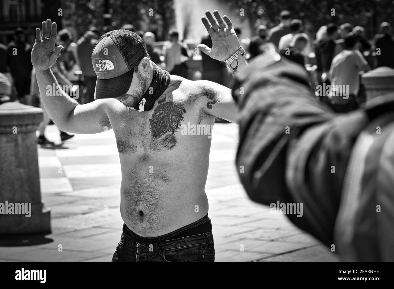 London 13 June 2020 White male demonstrator from Far right groups clashing with BLM Demostrators and police in Trafalgar Square. Stock Photo