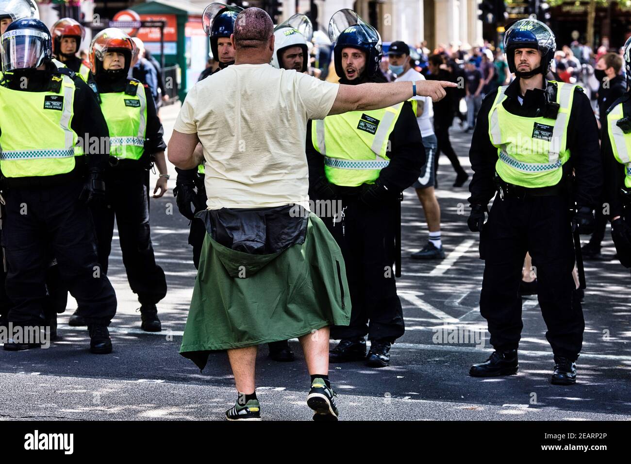 London 13 June 2020 Demonstrators from Far right groups clashing with BLM Demostrators and police in Trafalgar Square Stock Photo