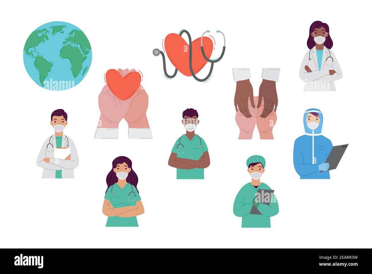 group of doctors staff wearing medical masks and set icons vector ...