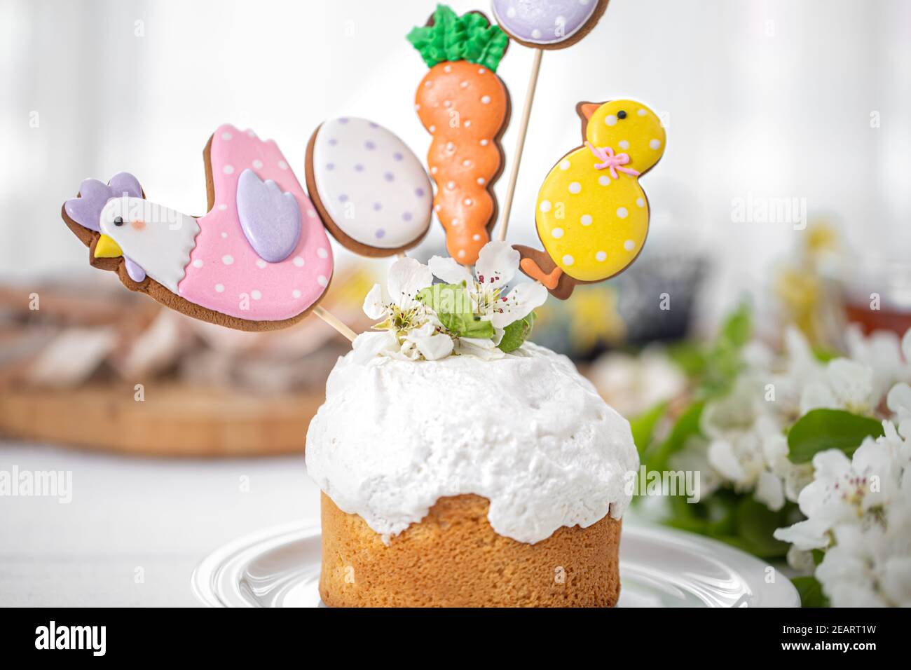 Easter composition with beautifully decorated Easter cake on a blurred background. Easter holiday concept. Stock Photo