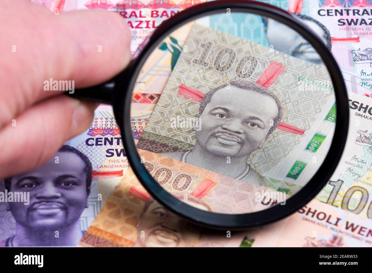 Swazi money in a magnifying glass Stock Photo