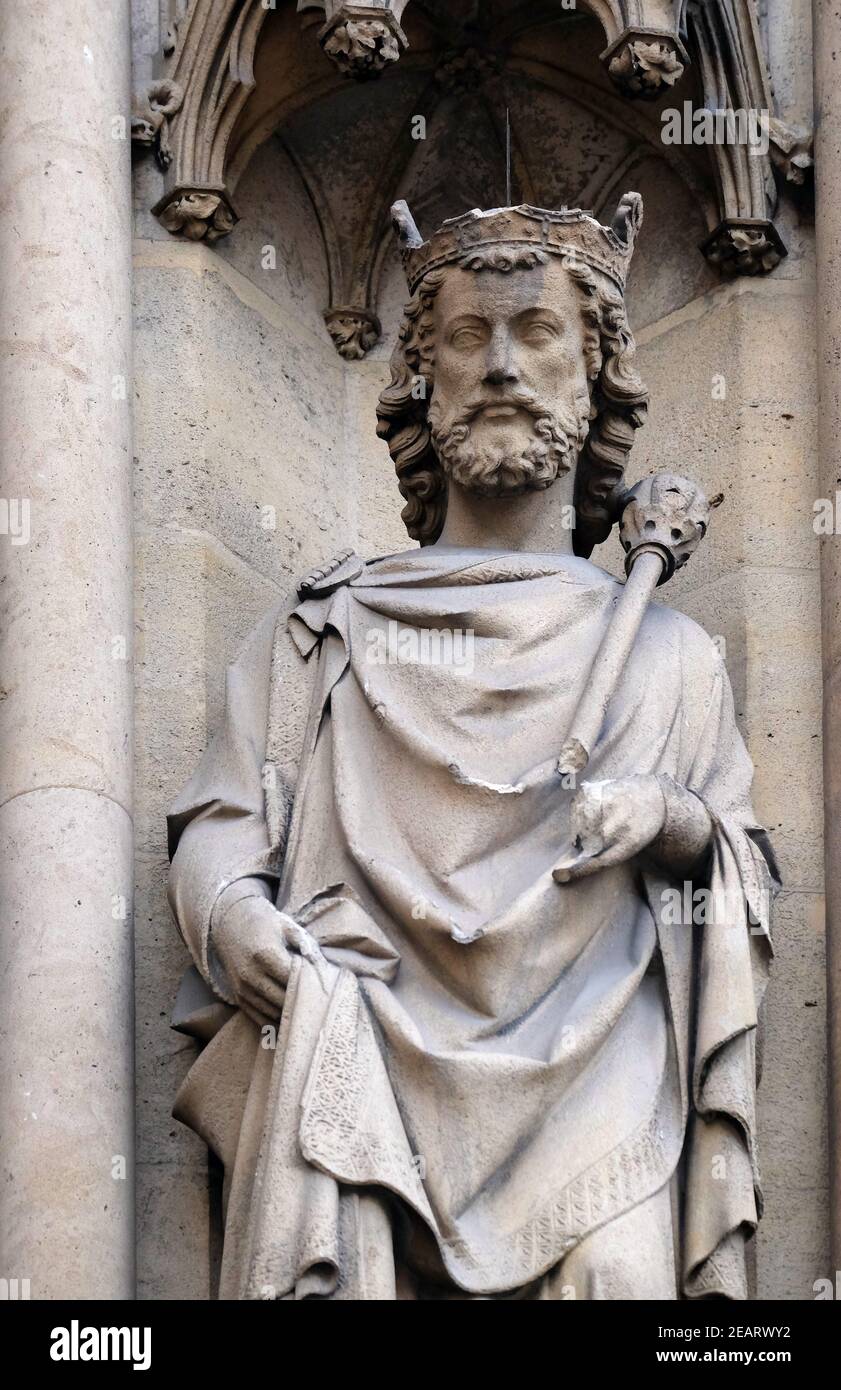 Saint Sigismond, statue on the portal of the Basilica of Saint Clotilde in Paris, France Stock Photo