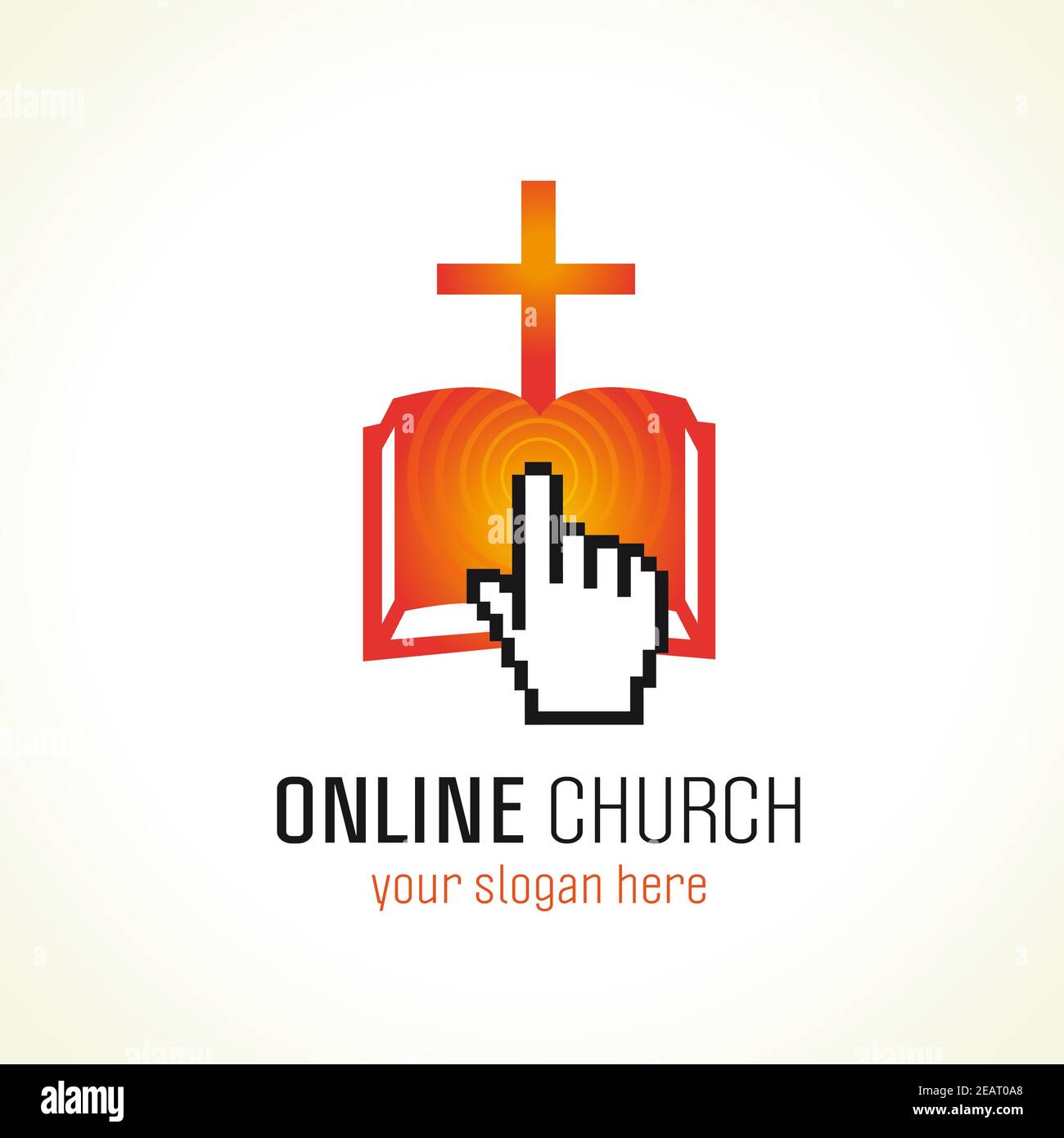 Cross, open book and tap finger logo. Religious creative christian logotype. Pixel symbol. Isolated abstract graphic web design template. E bible phon Stock Vector