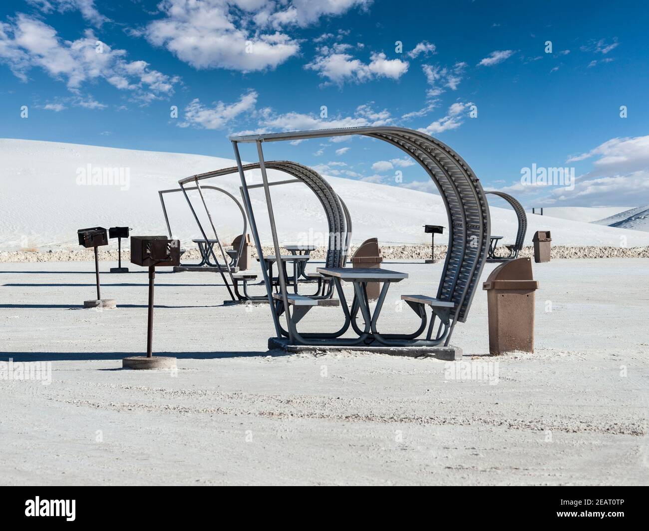 Old style picnic shelters at White Sands National Monument Park near Alamogordo, New Mexico, USA. Stock Photo