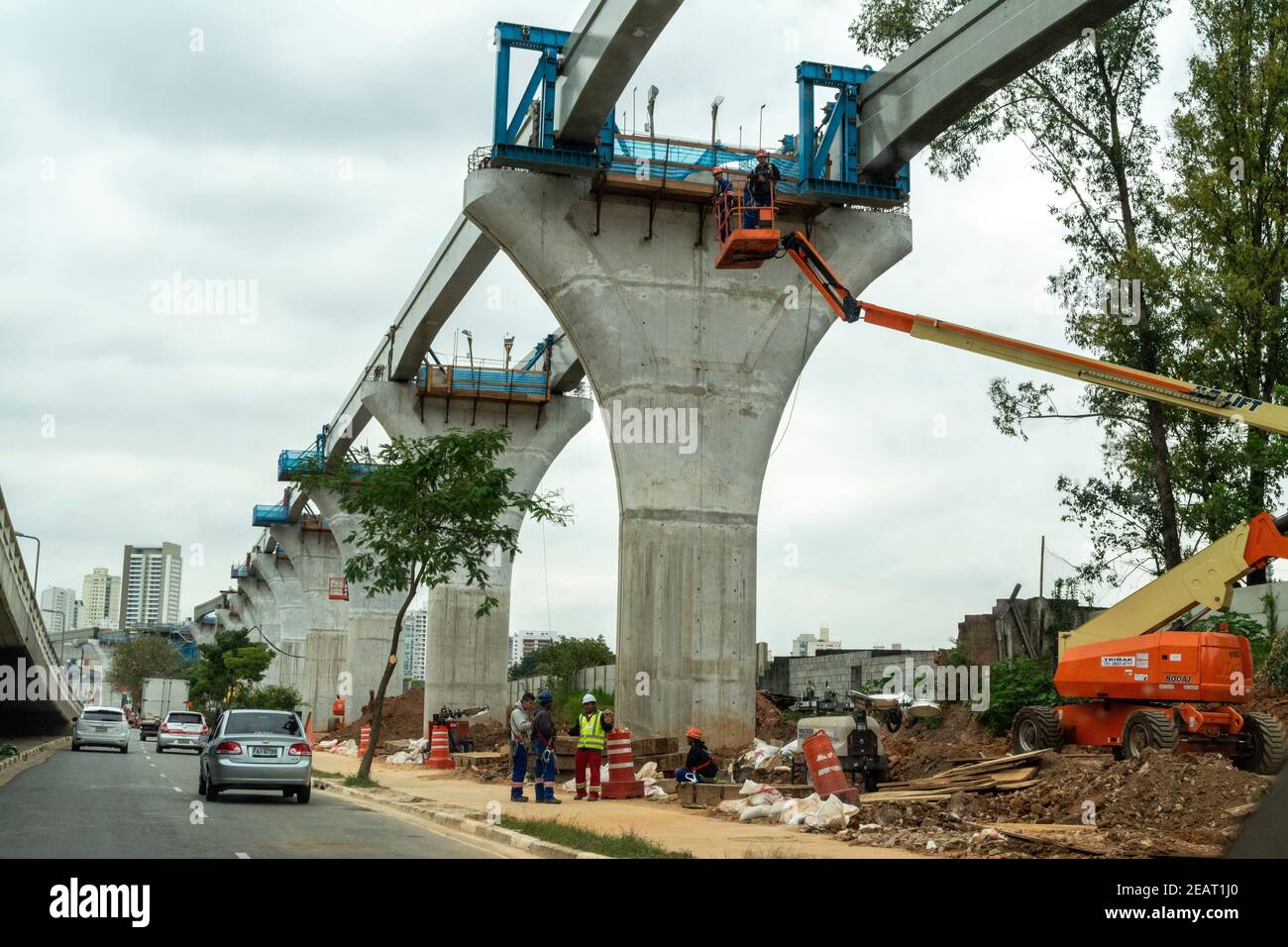 Construction of the new metro line, Line No17 (Gold line)  in Sao Paulo, Brazil.   The line carries a monorail and is part of the city's project for t Stock Photo