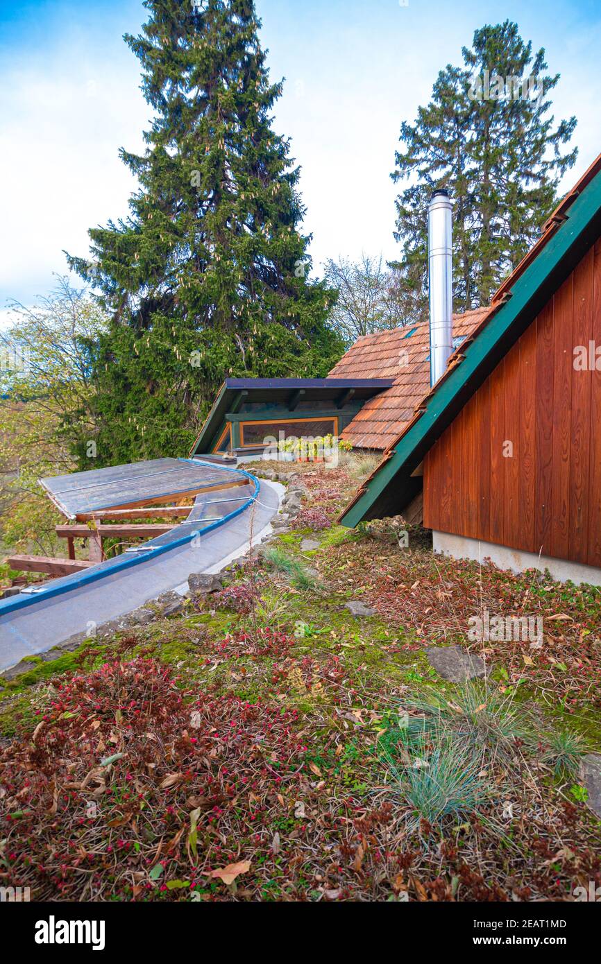 Green grass roof on a country house Stock Photo