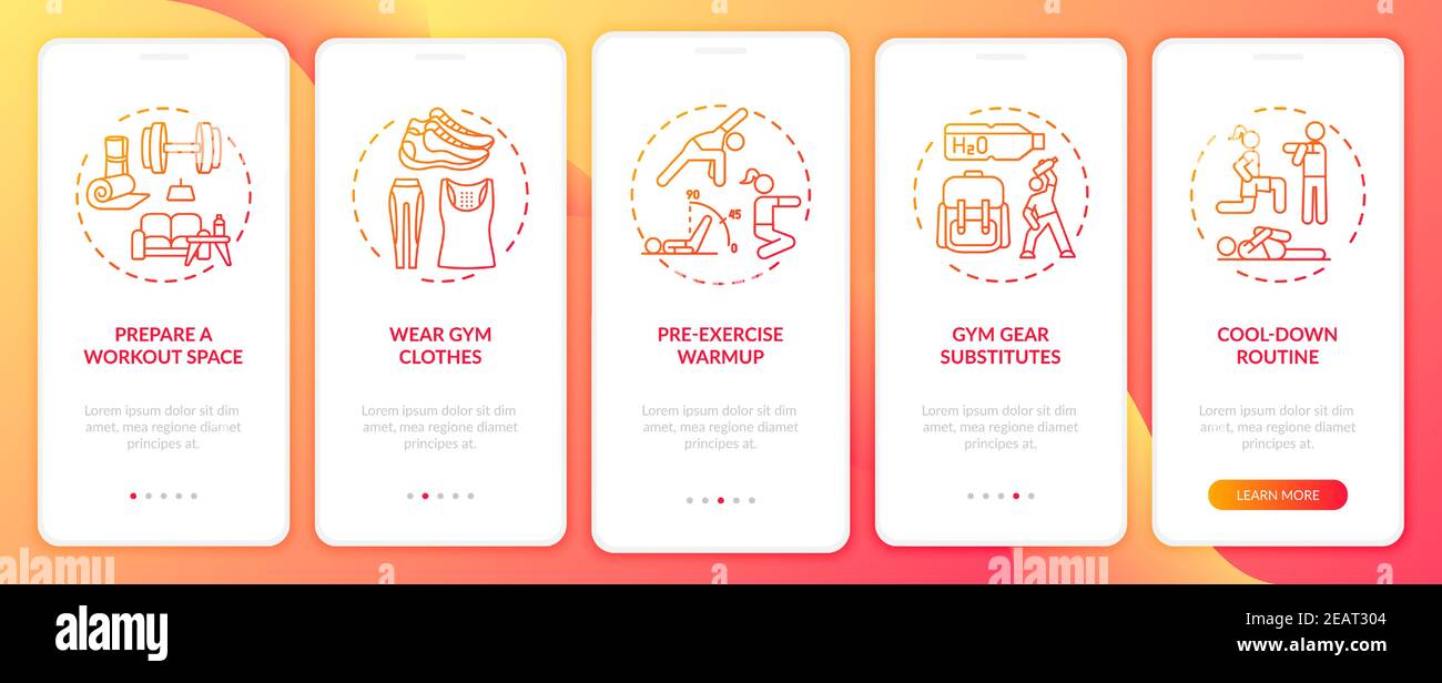 Home physical activity tips onboarding mobile app page screen with concepts Stock Vector
