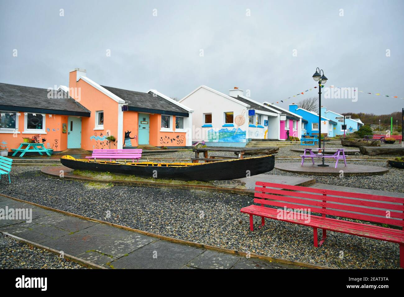 View of the colorful art shops and cafés in Ceardlann Spiddal Craft