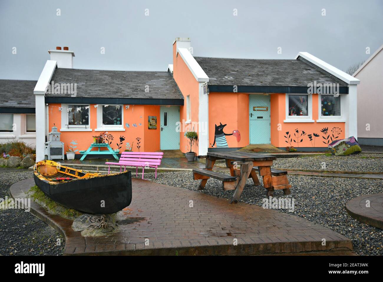 View of the colorful art shops and cafés in Ceardlann Spiddal Craft
