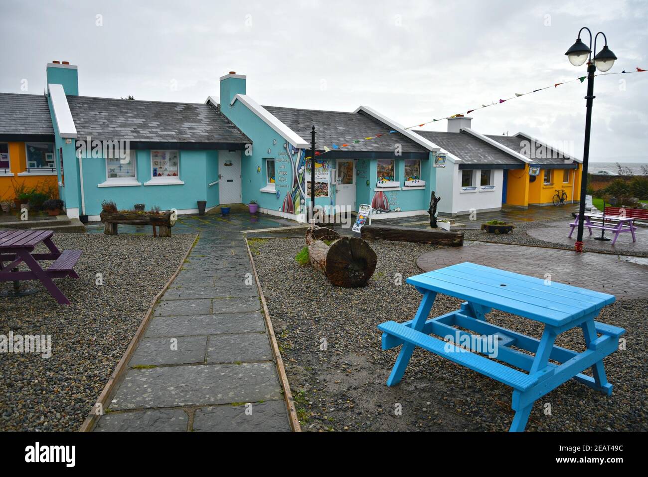 View of the colorful art shops and cafés in Ceardlann Spiddal Craft