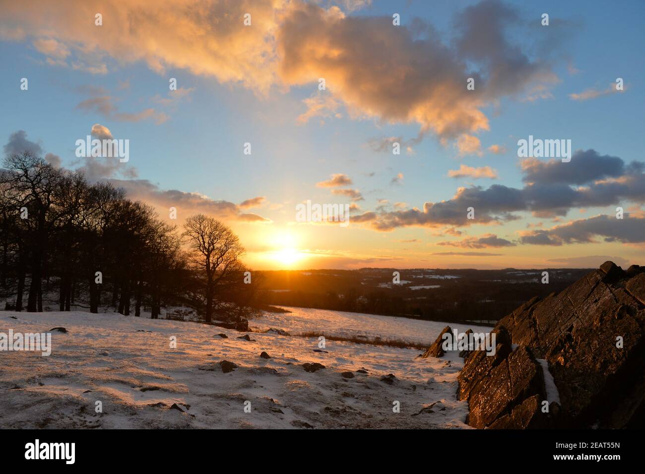 Leicester, Leicestershire, UK 10th Feb 2021. UK Weather. Snow. Sunset on a snowy day at Bradgate Park in Leicestershire. Alex Hannam/Alamy Live News Stock Photo