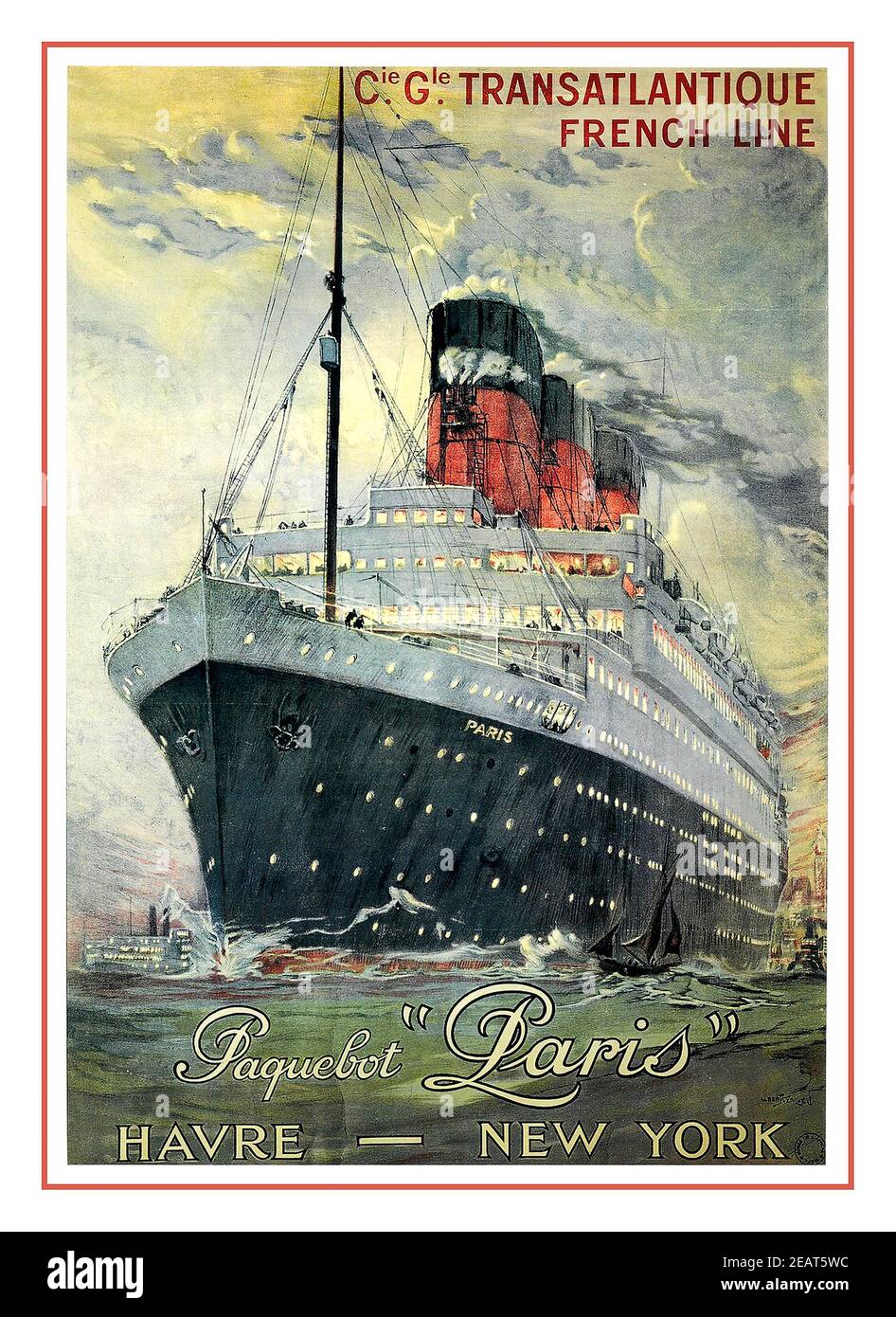 Vintage 1930's Steamship Travel poster by artist 'Sebille', the S.S. Paris  leaving New York Harbor at sunset. Passenger Steam Ship Ocean Liner, artist ALBERT SEBILLE (1874-1953) 1939 Stock Photo