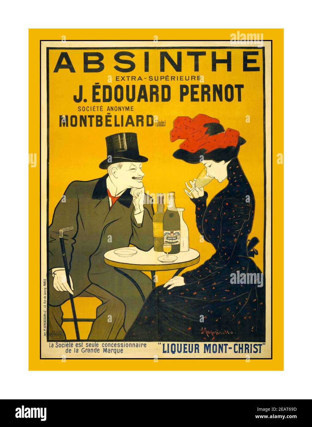 ABSINTHE CAPPIELLO Vintage 1900’s Drink Poster Absinthe extra-supérieure J. Édouard Pernot. Société Anonyme Montbéliard (Doubs) Liqueur Mont-Christ by : Cappiello, Leonetto, 1875-1942, artist  Paris : Imp. P. Vercasson & Cie., 43, Rue de Lancry, poster lithograph,  showing a man and woman at a cafe, he smiles and watches as she tastes his drink. France Stock Photo